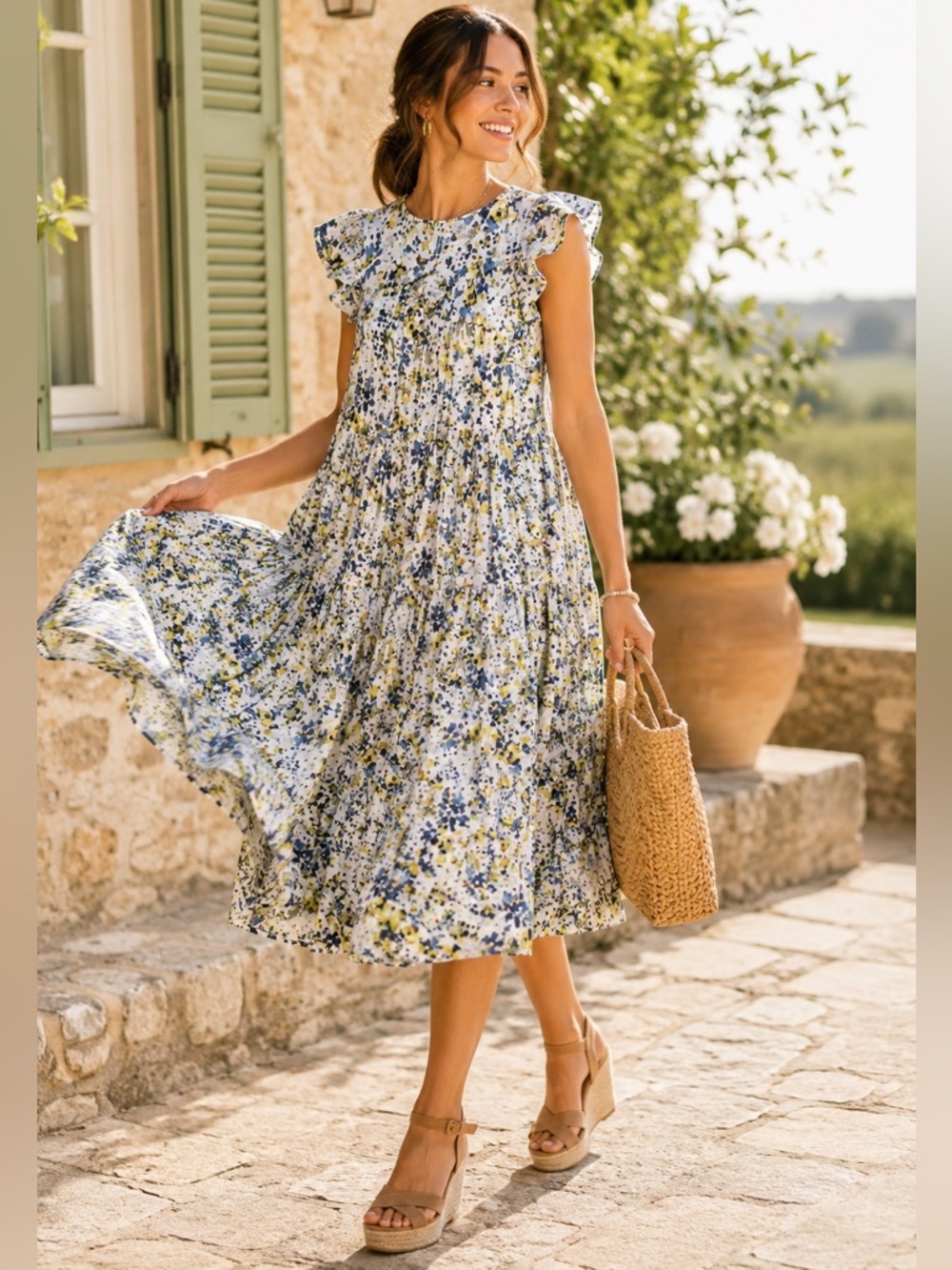 Banana Republic Garden Floral Tiered Poplin Midi Dress Cottagecore Women’s SP